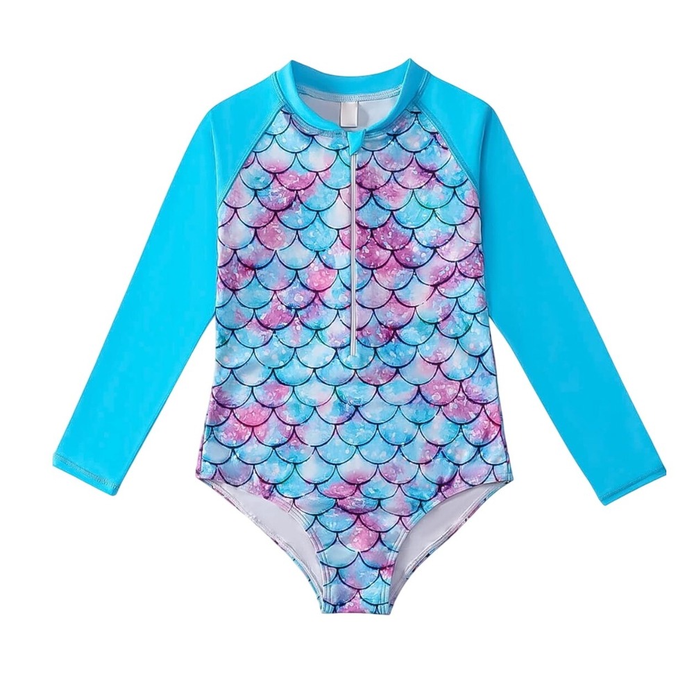 Mermaid Scale Long Sleeve Swimsuit Rash Guard with Zipper, Size‎ 7T